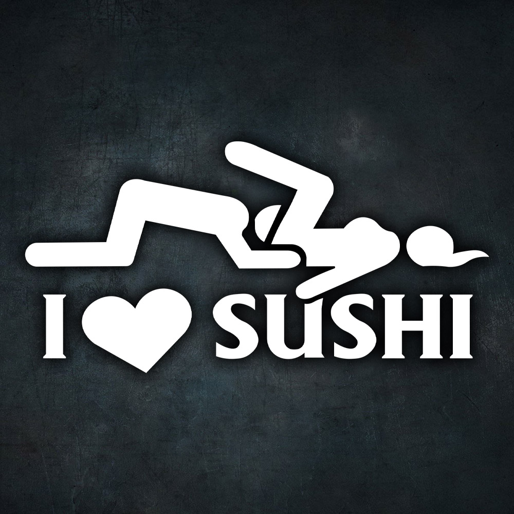 Biela nálepka na auto i love sushi